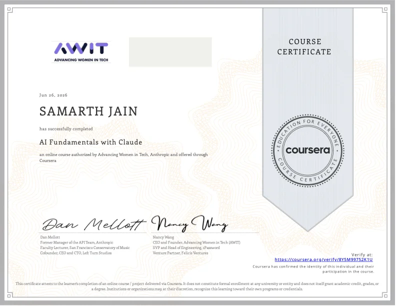 AI Fundamentals with Claude certificate