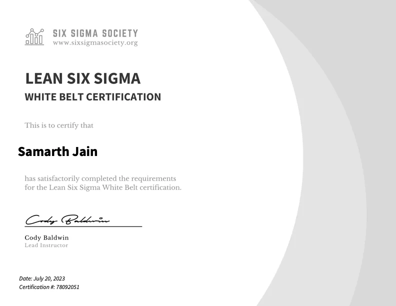 Lean Six Sigma White Belt certificate